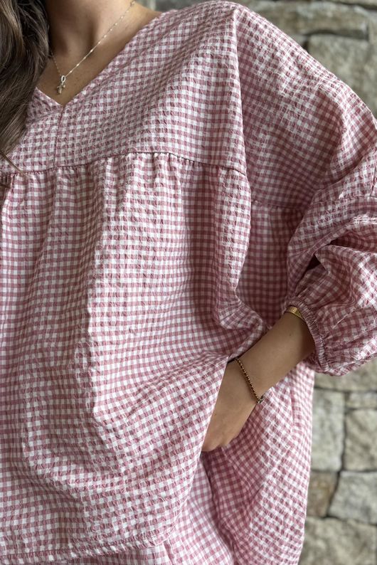 Arbi Gingham Peasant Smock Blouse Indian Pink